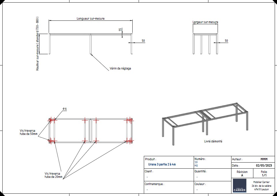 URANE. Table sur mesure - Pieds en tube 50*50mm