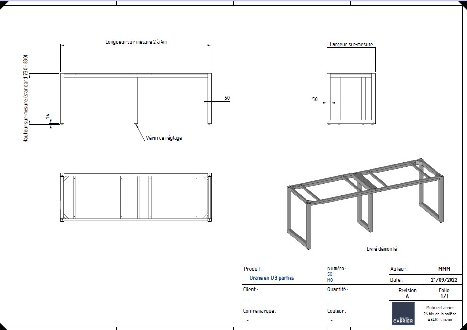 URANE. Table sur mesure - Pieds en tube 50*50mm