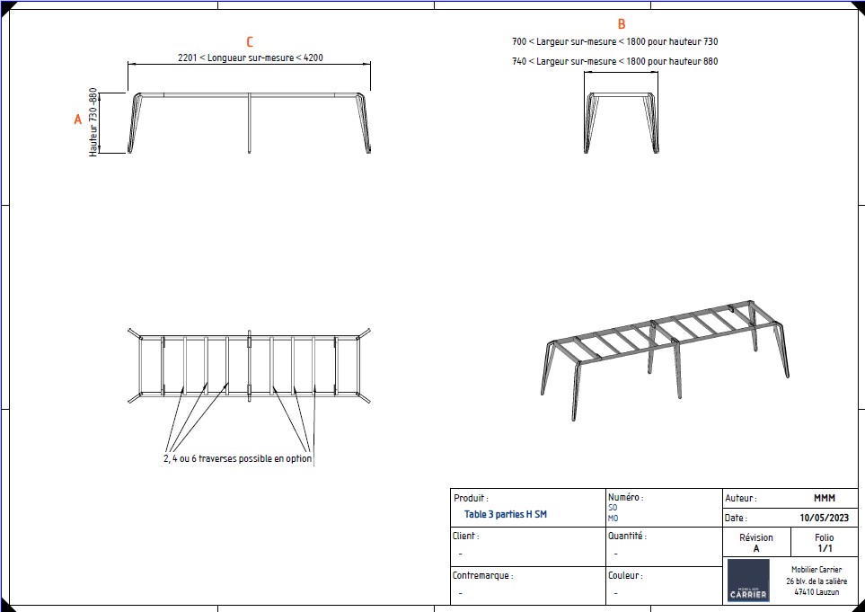 ARTÉMIS. Demi table sur mesure avec vérins de réglage (+5mm)