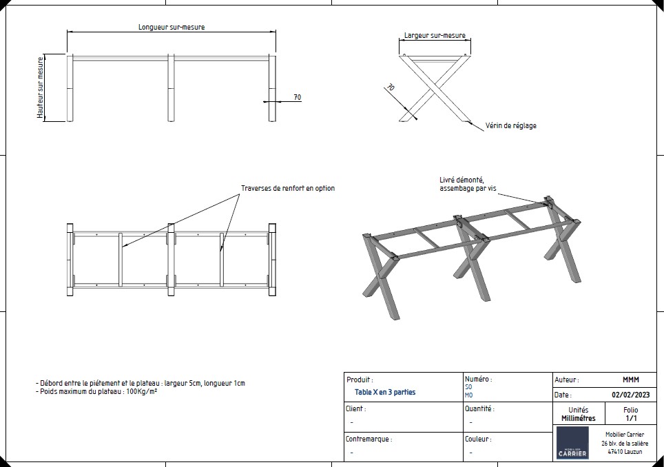 X. Table sur mesure avec vérins de réglage (+/- 5mm)