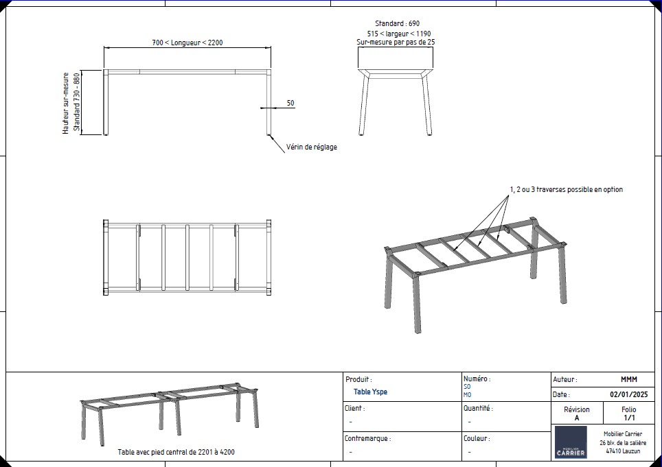 YSPE. Table sur mesure avec vérins de réglage (+/- 5mm)
