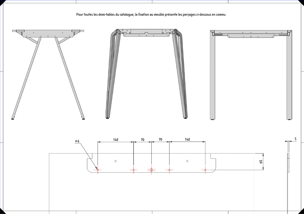 ARTÉMIS. Demi table sur mesure avec vérins de réglage (+5mm)